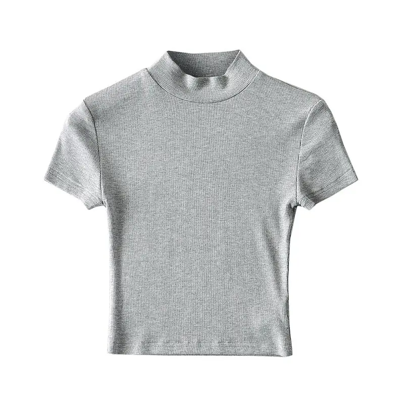 Women's Light Grey Navel Collar T-Shirt Short Sleeve - Image 6
