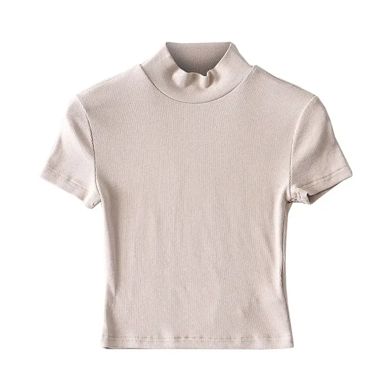 Women's Light Grey Navel Collar T-Shirt Short Sleeve - Image 7
