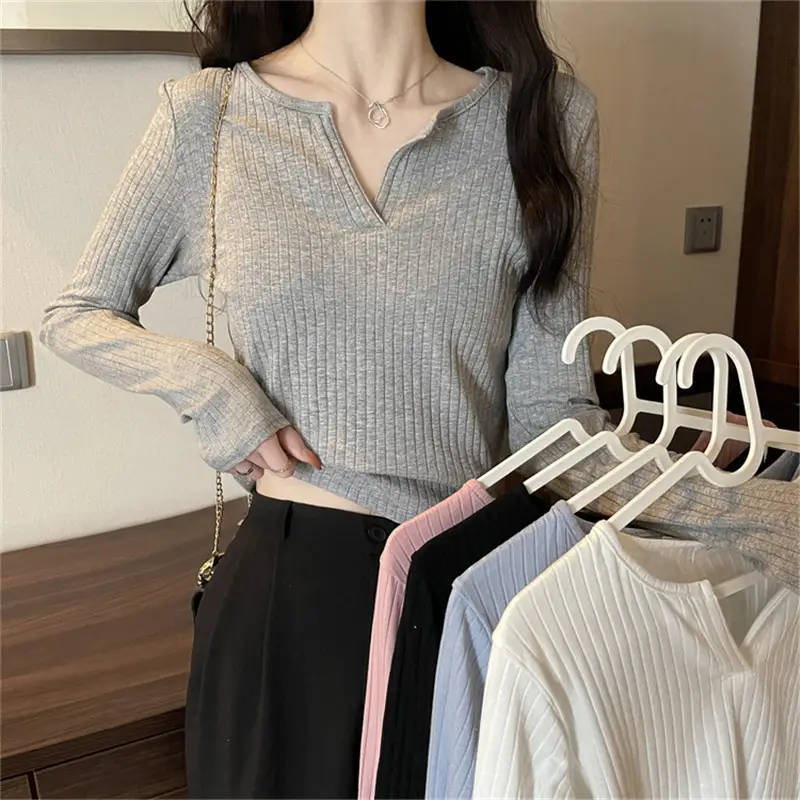 Women V-neck Long Sleeve T-Shirt Grey Slim Fit