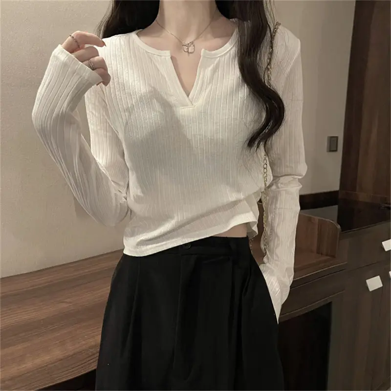 Women V-neck Long Sleeve T-Shirt Grey Slim Fit