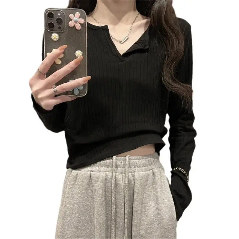 Women V-neck Long Sleeve T-Shirt Grey Slim Fit