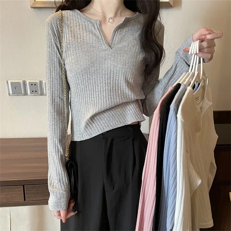 Women V-neck Long Sleeve T-Shirt Grey Slim Fit — feature 10