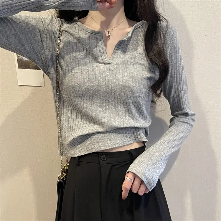 Women V-neck Long Sleeve T-Shirt Grey Slim Fit — feature 11