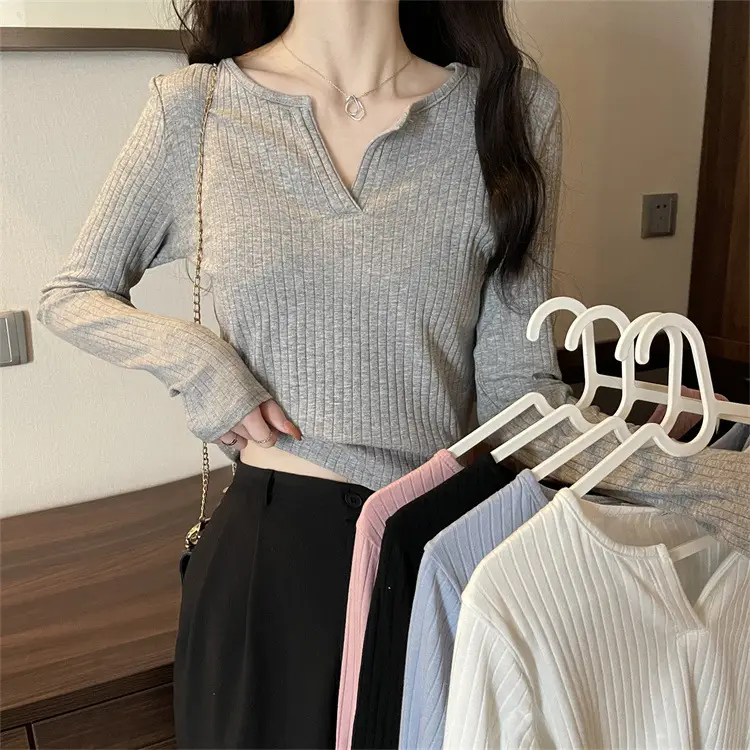 Women V-neck Long Sleeve T-Shirt Grey Slim Fit — feature 12