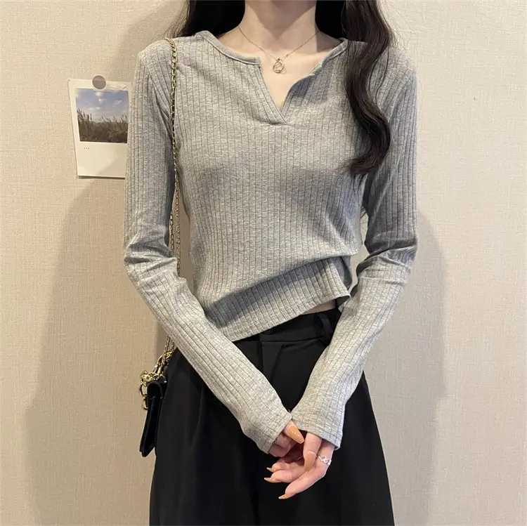 Women V-neck Long Sleeve T-Shirt Grey Slim Fit — feature 13