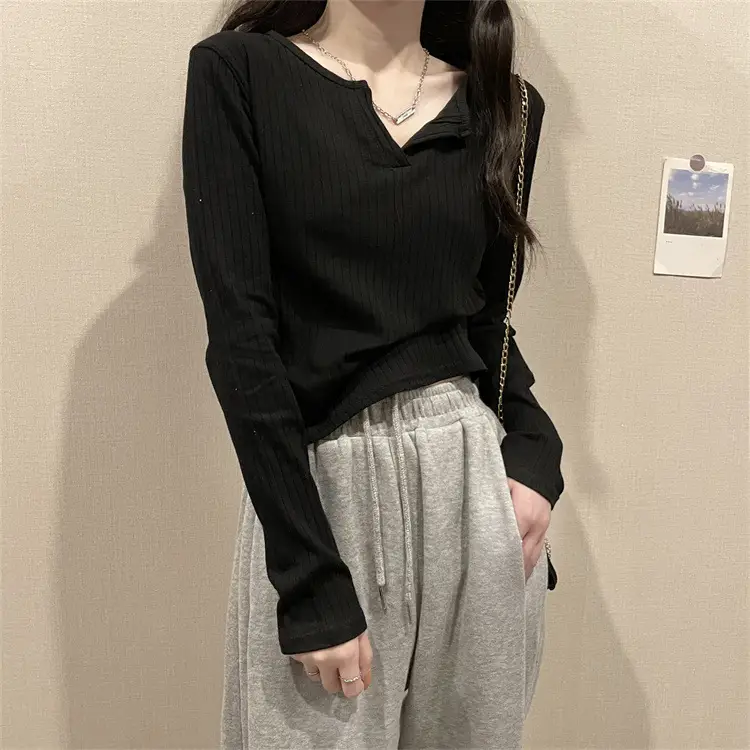 Women V-neck Long Sleeve T-Shirt Grey Slim Fit — feature 14