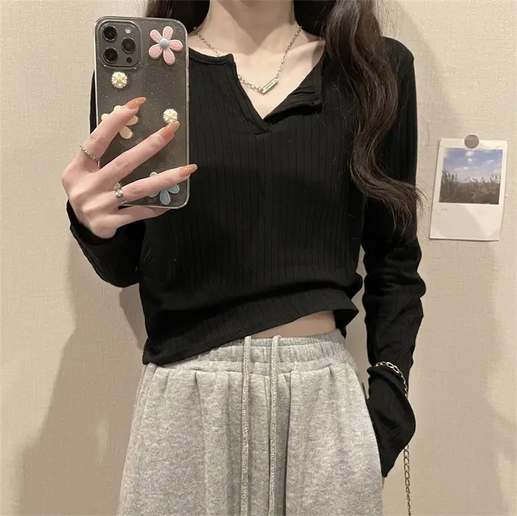 Women V-neck Long Sleeve T-Shirt Grey Slim Fit — feature 15