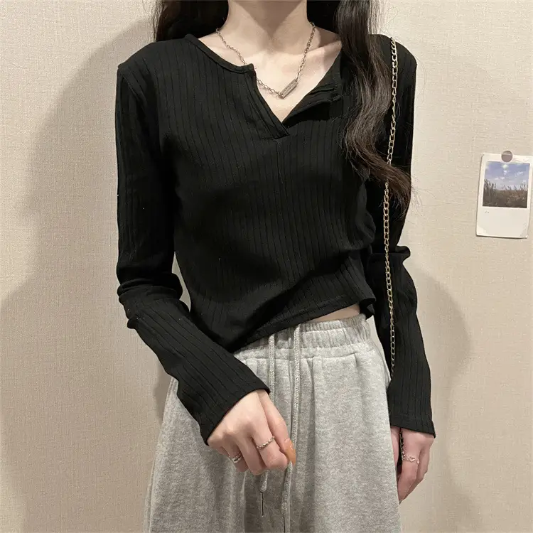Women V-neck Long Sleeve T-Shirt Grey Slim Fit — feature 16