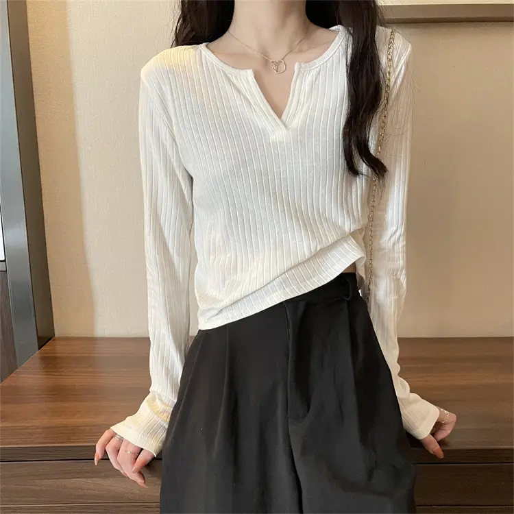 Women V-neck Long Sleeve T-Shirt Grey Slim Fit — feature 8
