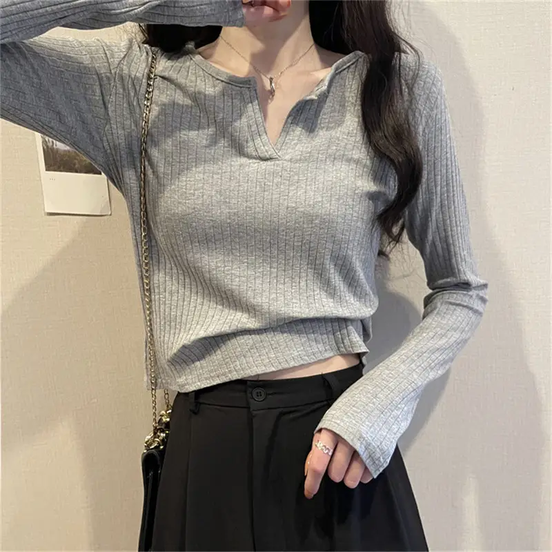 Women V-neck Long Sleeve T-Shirt Grey Slim Fit
