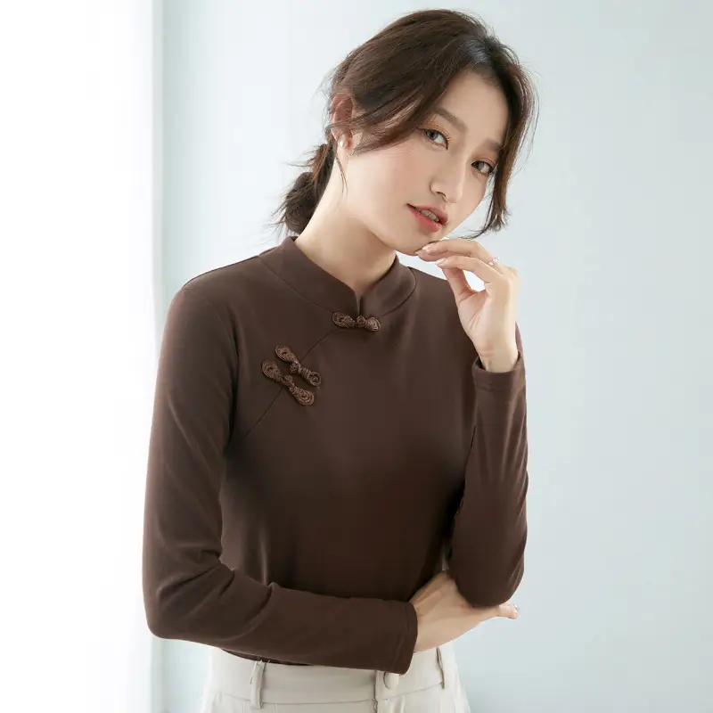 Women Half Turtleneck Long Sleeve T-Shirt Beige - Image 5