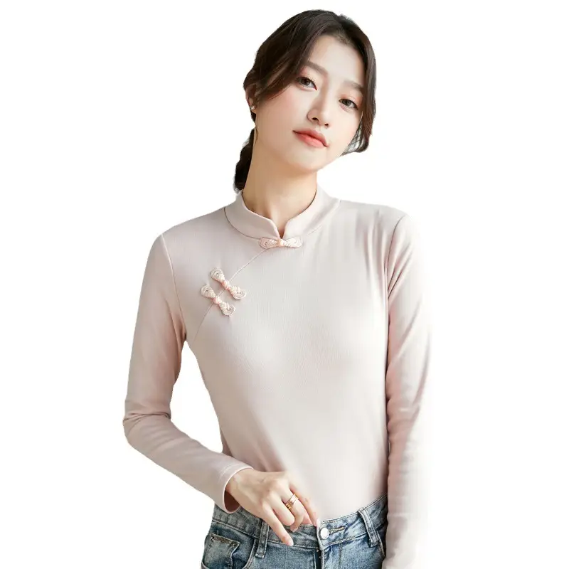 Women Half Turtleneck Long Sleeve T-Shirt Beige - Image 7