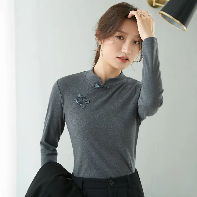 Women Half Turtleneck Long Sleeve T-Shirt Beige - Image 3
