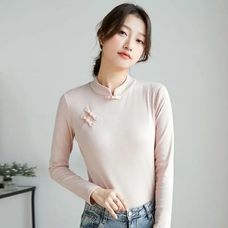 Women Half Turtleneck Long Sleeve T-Shirt Beige - Image 4