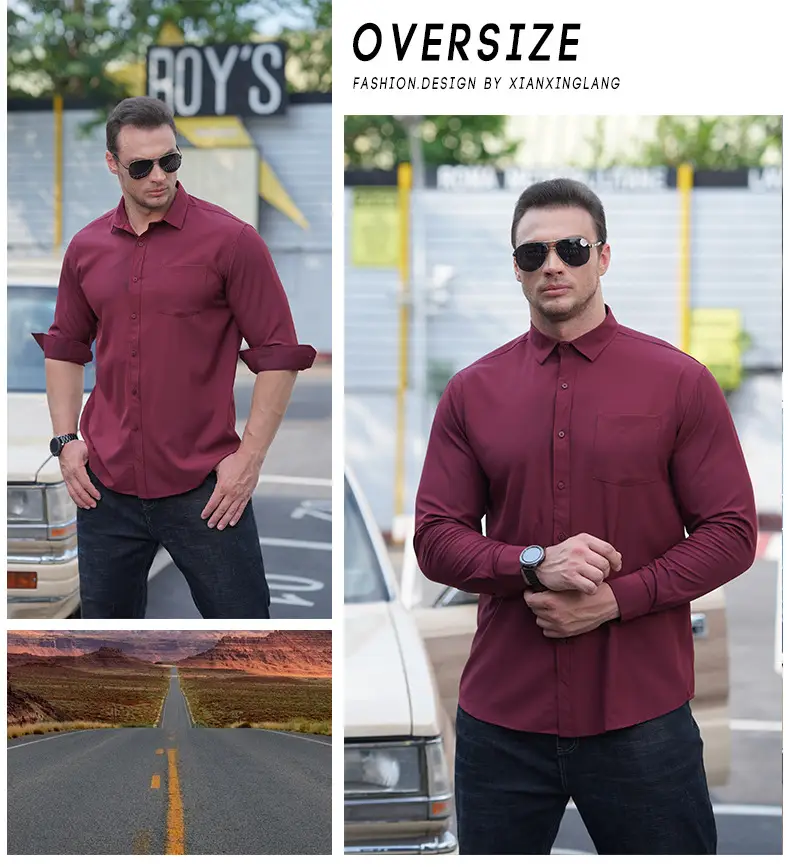 Men Maroon Long Sleeve Shirt Fat Guy All Season — feature 12