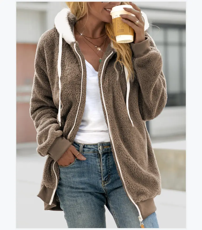 Women Hooded Zipper Coat Grey Plush Hooded Winter Wear - Image 10