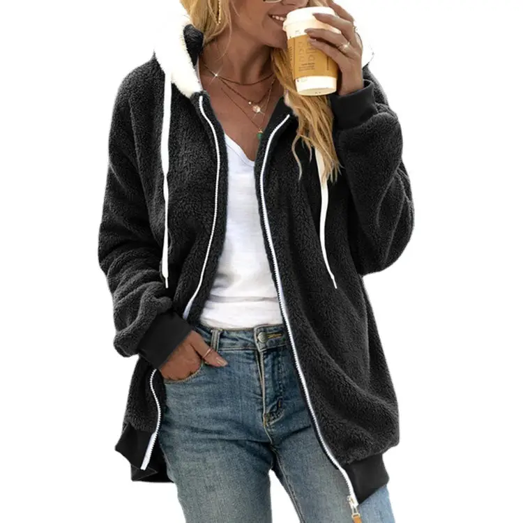 Women Hooded Zipper Coat Grey Plush Hooded Winter Wear - Image 11