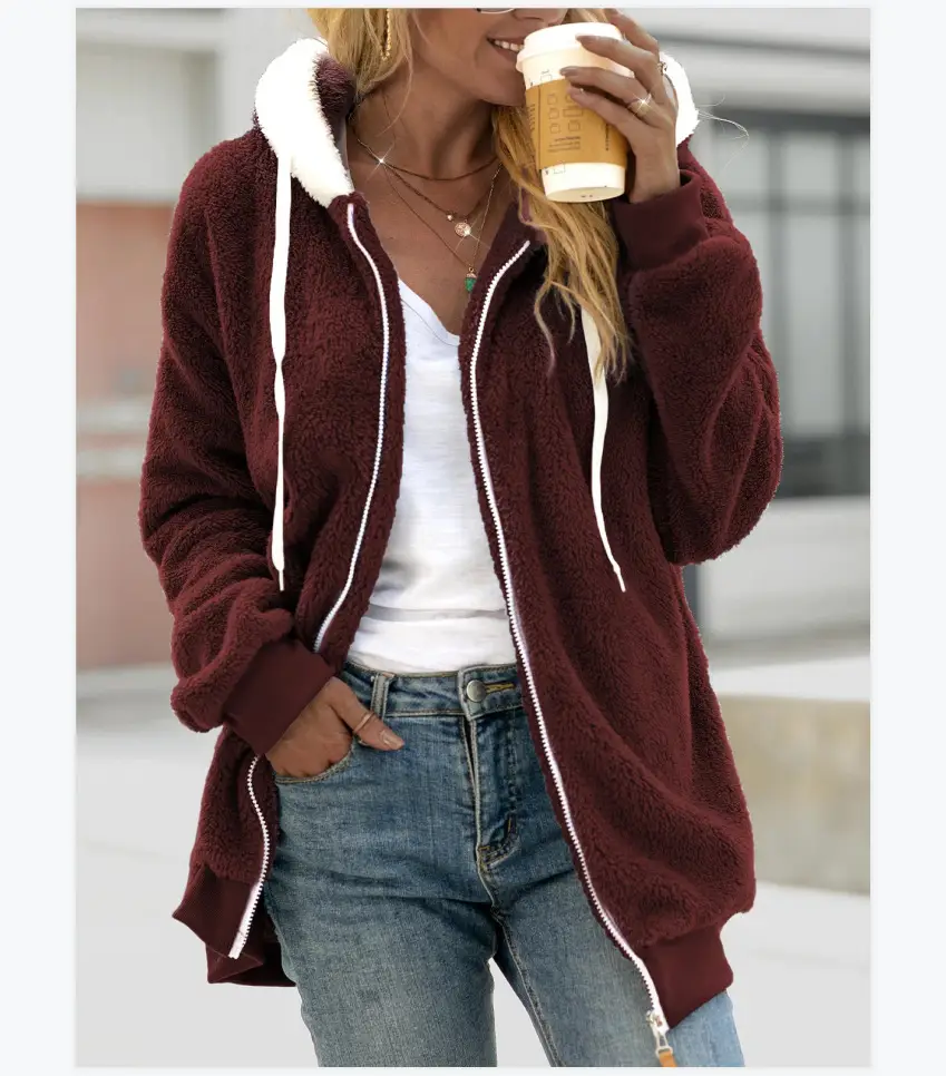 Women Hooded Zipper Coat Grey Plush Hooded Winter Wear - Image 2