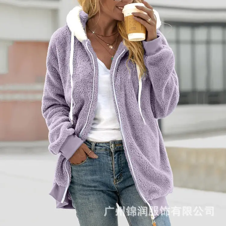Women Hooded Zipper Coat Grey Plush Hooded Winter Wear - Image 3