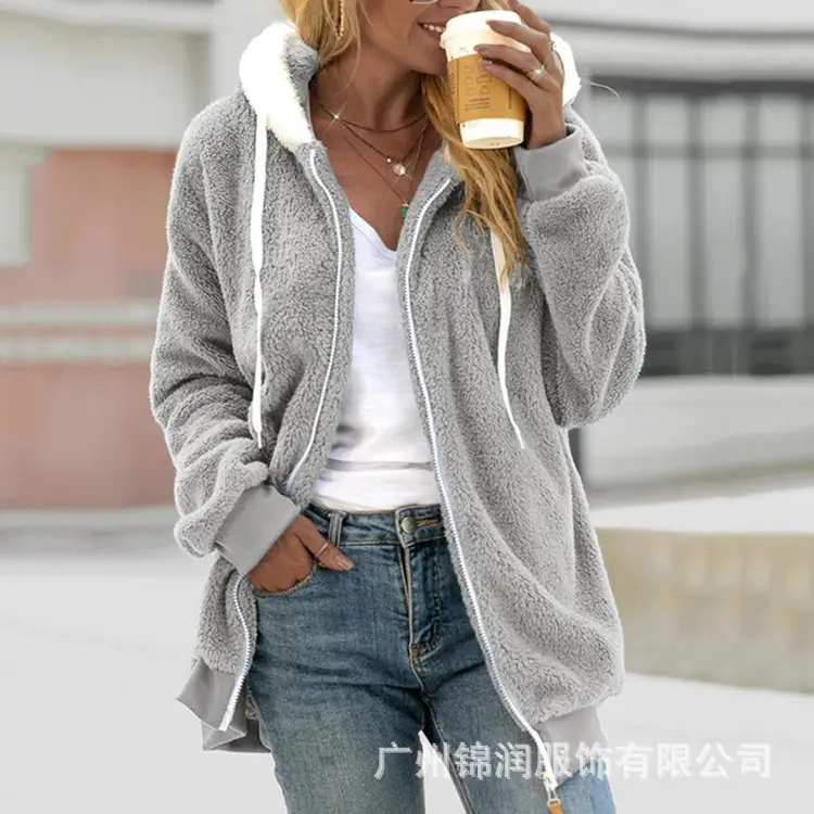 Women Hooded Zipper Coat Grey Plush Hooded Winter Wear - Image 4