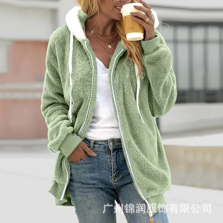 Women Hooded Zipper Coat Grey Plush Hooded Winter Wear - Image 5