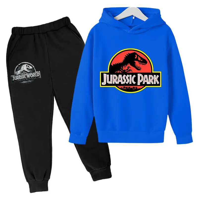 2023 Jurassic Sports Suit with Fleece Lining for Autumn and Winter, Boys and Girls Cotton Hooded Sweatshirt + Jogger Pants Two-Piece Cartoon Set