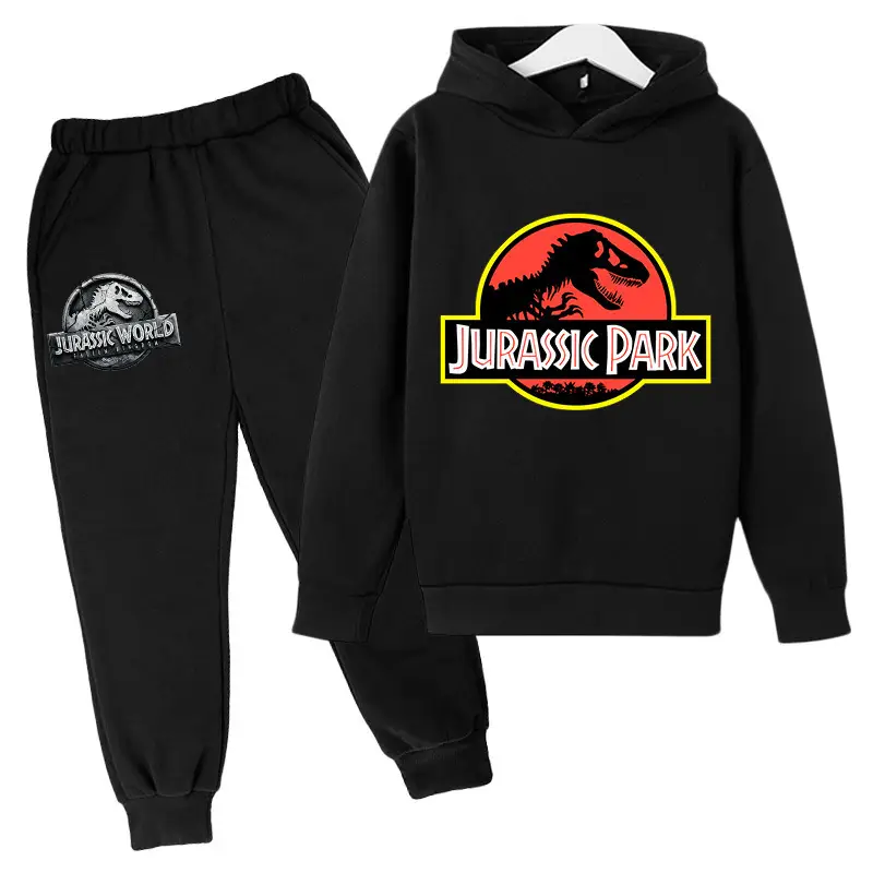 2023 Jurassic Sports Suit with Fleece Lining for Autumn and Winter, Boys and Girls Cotton Hooded Sweatshirt + Jogger Pants Two-Piece Cartoon Set