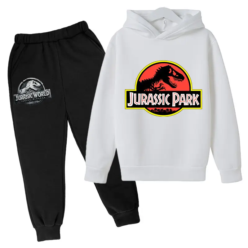 2023 Jurassic Sports Suit with Fleece Lining for Autumn and Winter, Boys and Girls Cotton Hooded Sweatshirt + Jogger Pants Two-Piece Cartoon Set