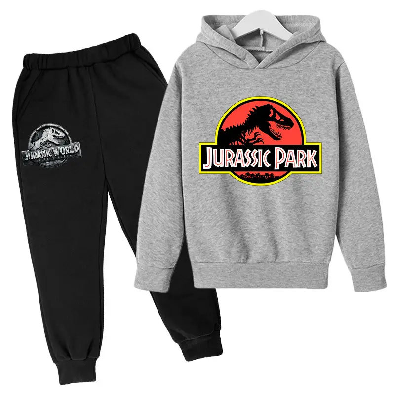 2023 Jurassic Sports Suit with Fleece Lining for Autumn and Winter, Boys and Girls Cotton Hooded Sweatshirt + Jogger Pants Two-Piece Cartoon Set