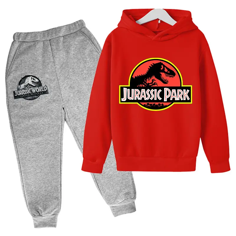 2023 Jurassic Sports Suit with Fleece Lining for Autumn and Winter, Boys and Girls Cotton Hooded Sweatshirt + Jogger Pants Two-Piece Cartoon Set