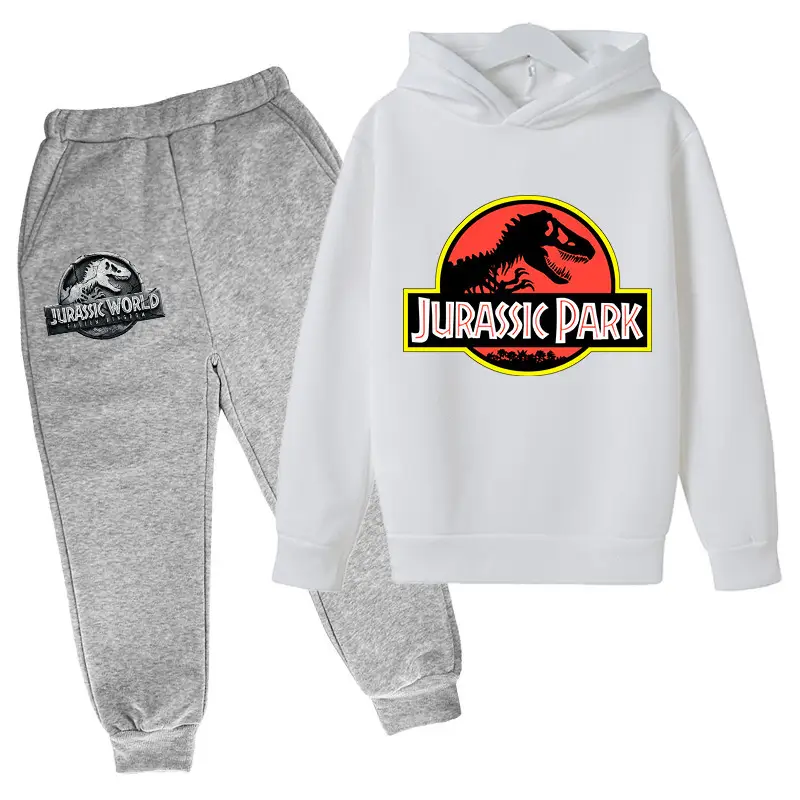2023 Jurassic Sports Suit with Fleece Lining for Autumn and Winter, Boys and Girls Cotton Hooded Sweatshirt + Jogger Pants Two-Piece Cartoon Set