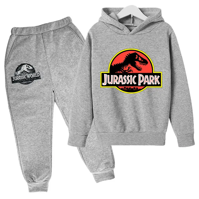 2023 Jurassic Sports Suit with Fleece Lining for Autumn and Winter, Boys and Girls Cotton Hooded Sweatshirt + Jogger Pants Two-Piece Cartoon Set