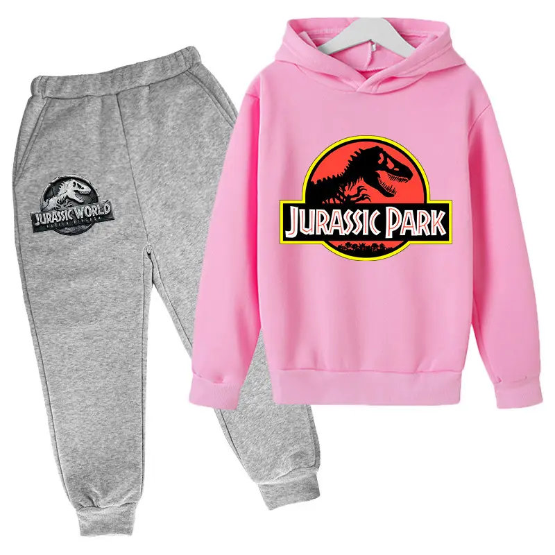 2023 Jurassic Sports Suit with Fleece Lining for Autumn and Winter, Boys and Girls Cotton Hooded Sweatshirt + Jogger Pants Two-Piece Cartoon Set