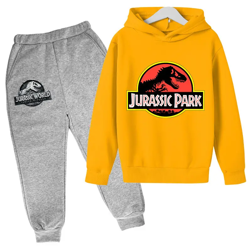 2023 Jurassic Sports Suit with Fleece Lining for Autumn and Winter, Boys and Girls Cotton Hooded Sweatshirt + Jogger Pants Two-Piece Cartoon Set