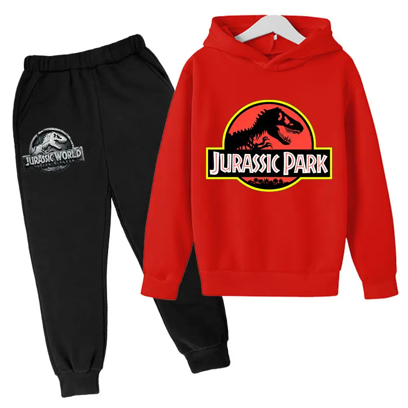 2023 Jurassic Sports Suit with Fleece Lining for Autumn and Winter, Boys and Girls Cotton Hooded Sweatshirt + Jogger Pants Two-Piece Cartoon Set
