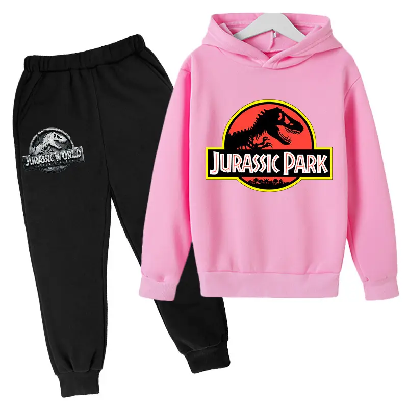 2023 Jurassic Sports Suit with Fleece Lining for Autumn and Winter, Boys and Girls Cotton Hooded Sweatshirt + Jogger Pants Two-Piece Cartoon Set