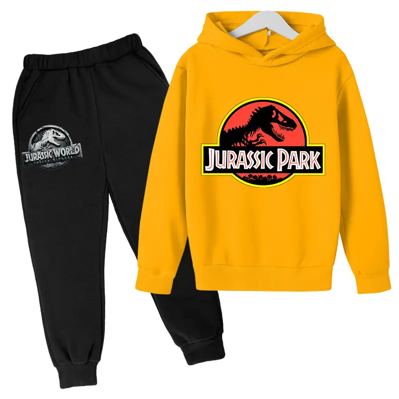 2023 Jurassic Sports Suit with Fleece Lining for Autumn and Winter, Boys and Girls Cotton Hooded Sweatshirt + Jogger Pants Two-Piece Cartoon Set