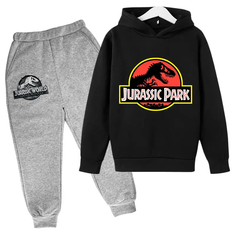 2023 Jurassic Sports Suit with Fleece Lining for Autumn and Winter, Boys and Girls Cotton Hooded Sweatshirt + Jogger Pants Two-Piece Cartoon Set