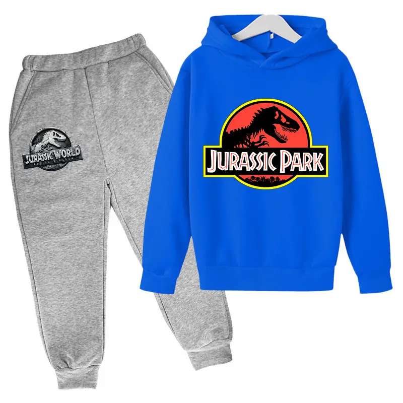 2023 Jurassic Sports Suit with Fleece Lining for Autumn and Winter, Boys and Girls Cotton Hooded Sweatshirt + Jogger Pants Two-Piece Cartoon Set