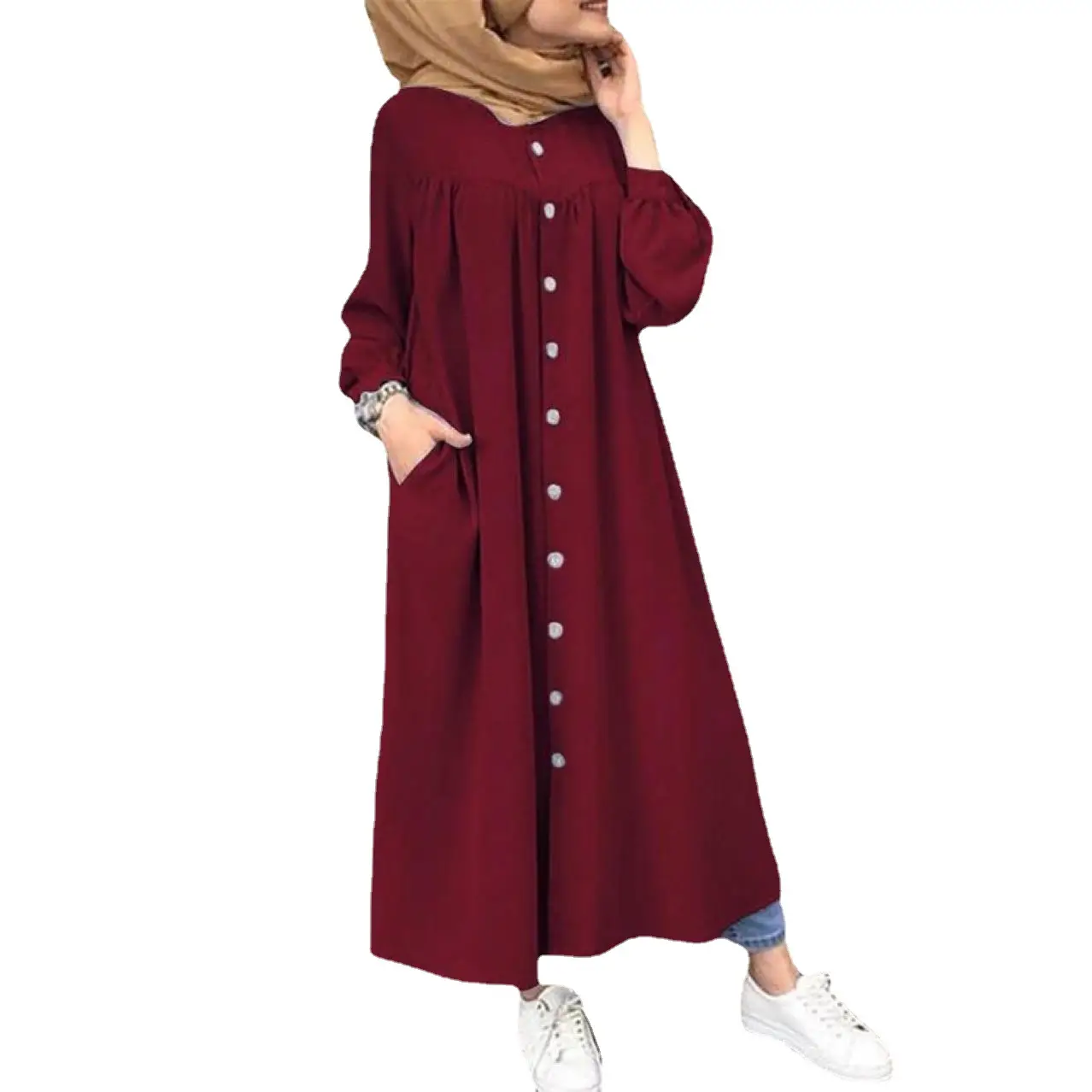 Green Button Front Long Sleeve Plus Size Dress - Image 8