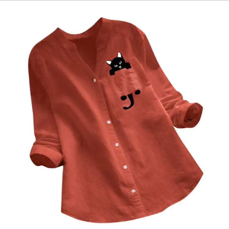 Women Cotton Linen Printed Long Sleeve Top Large