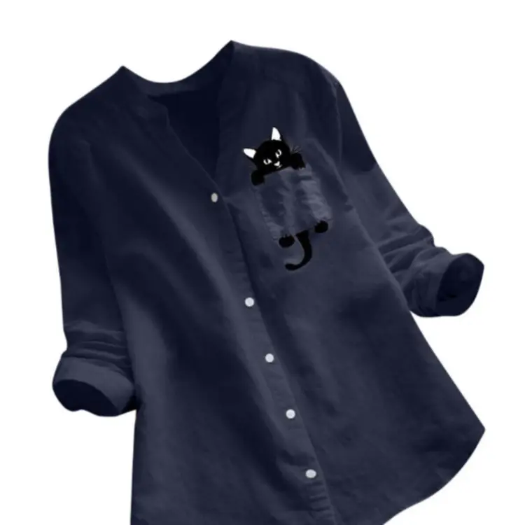 Women Cotton Linen Printed Long Sleeve Top Large