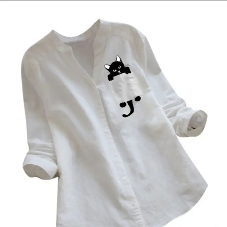 Women Cotton Linen Printed Long Sleeve Top Large