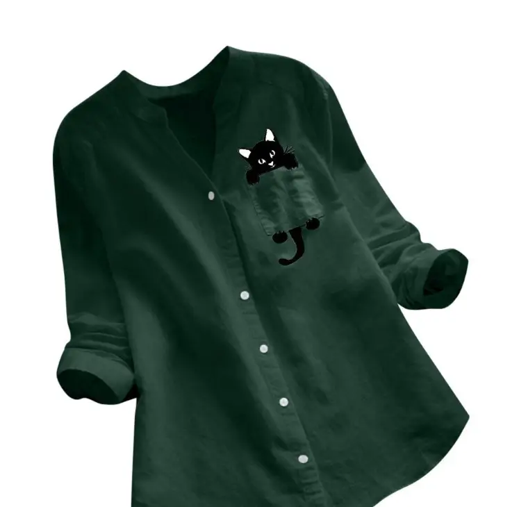 Women Cotton Linen Printed Long Sleeve Top Large — feature 3