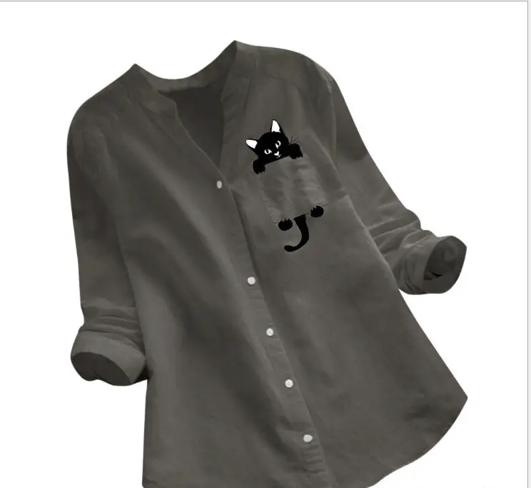 Women Cotton Linen Printed Long Sleeve Top Large — feature 4