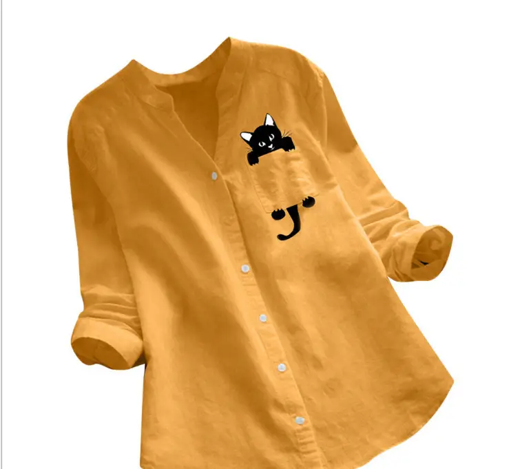 Women Cotton Linen Printed Long Sleeve Top Large