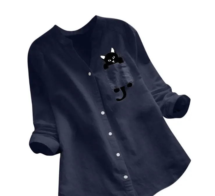 Women Cotton Linen Printed Long Sleeve Top Large