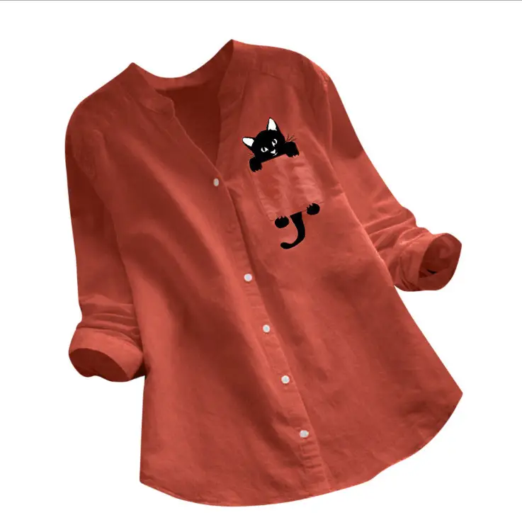 Women Cotton Linen Printed Long Sleeve Top Large