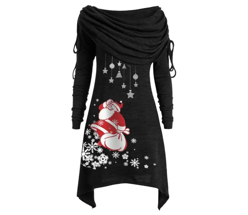 Women's Black Santa Claus Pleated Tunic with Snowflake Print - Image 3