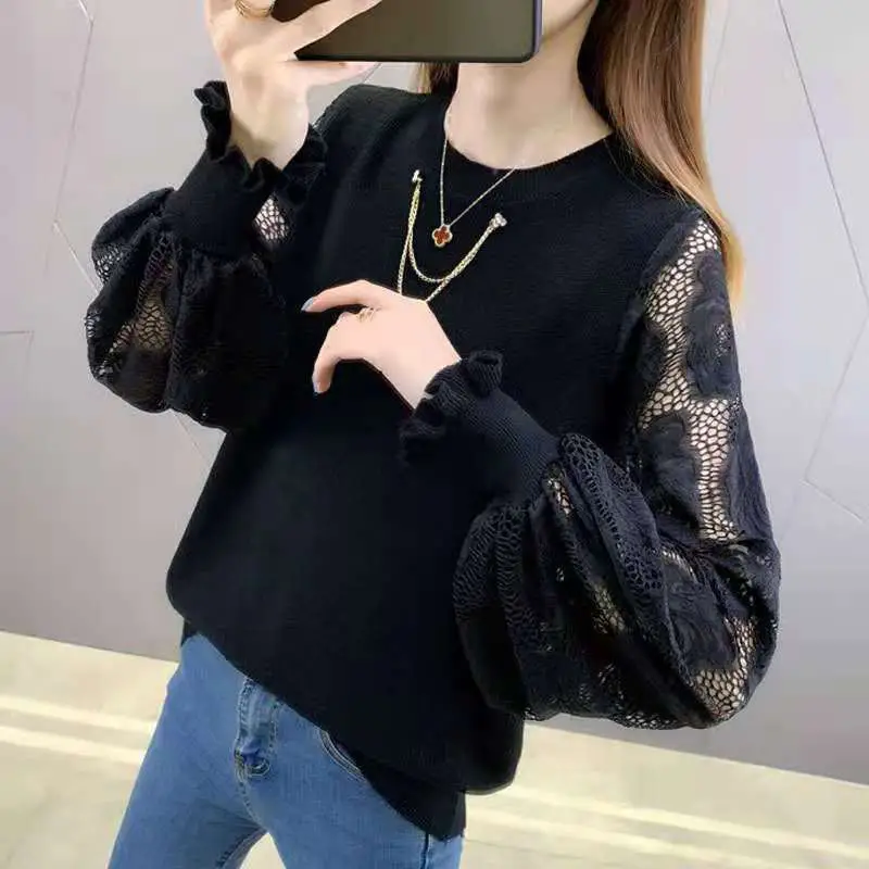 Black Lace Knit Ruffled Sweater for Women 2025 - Image 5